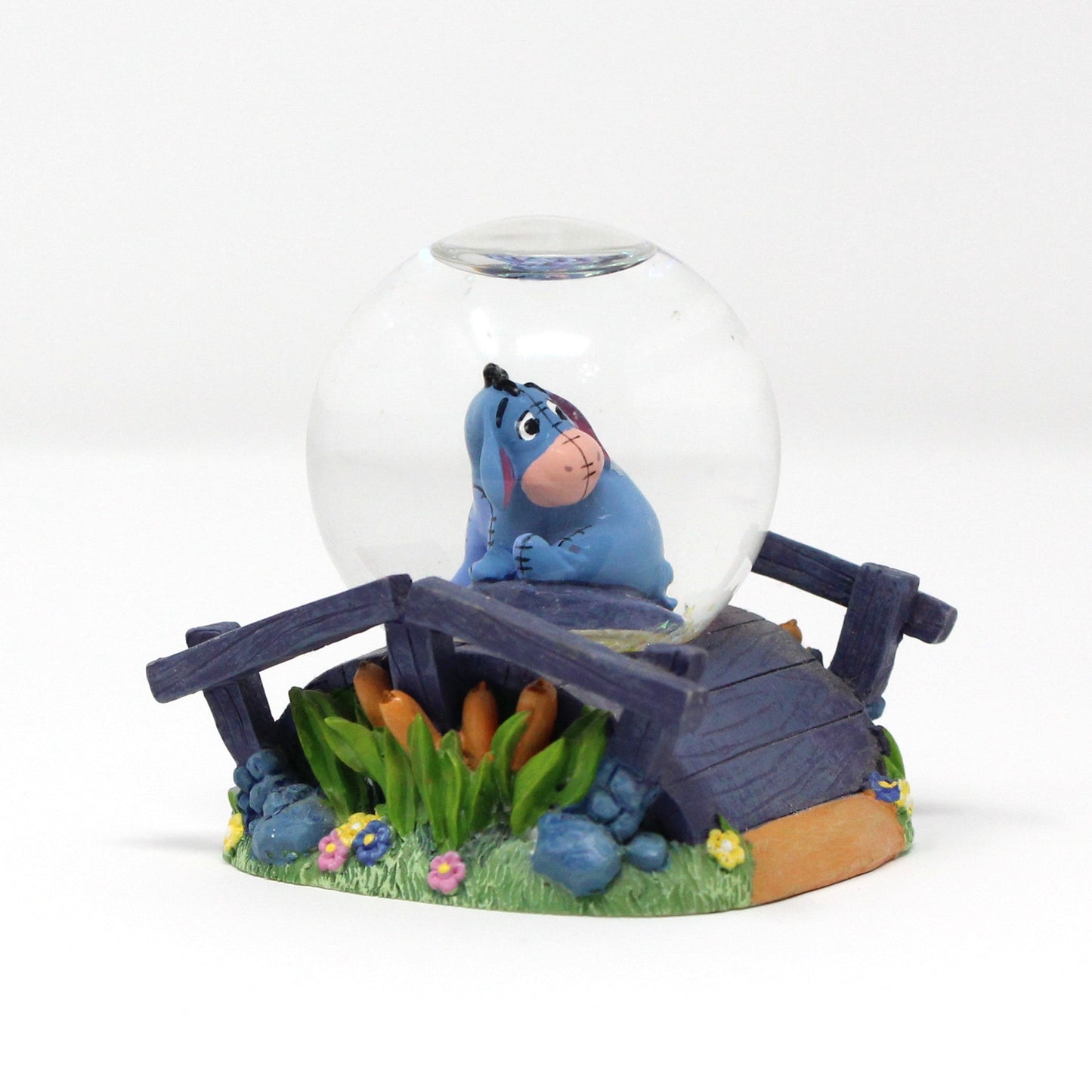 Snowglobe, Disney, Eeyore On Wooden Bridge With Flowers, Mini Snow Globe Collectible, 2000's, SOLD
