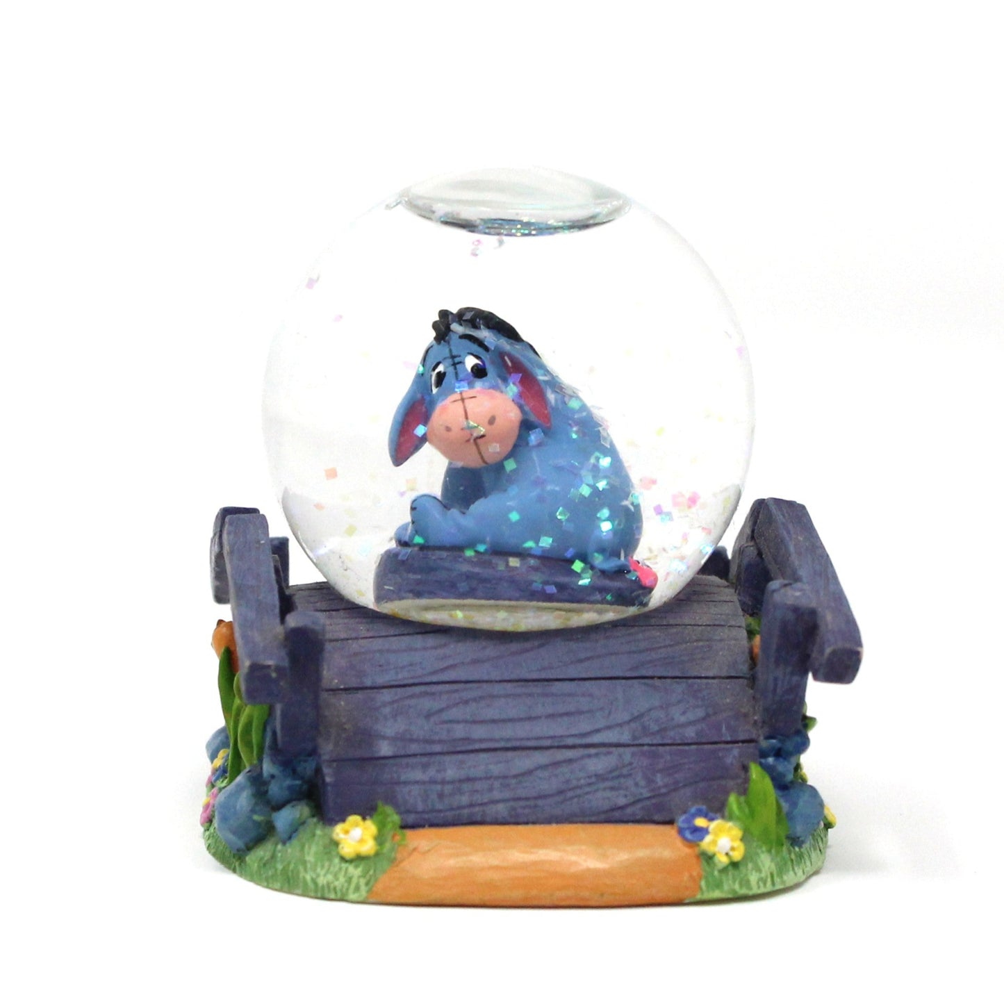 Snowglobe, Disney, Eeyore On Wooden Bridge With Flowers, Mini Snow Globe Collectible, 2000's, SOLD