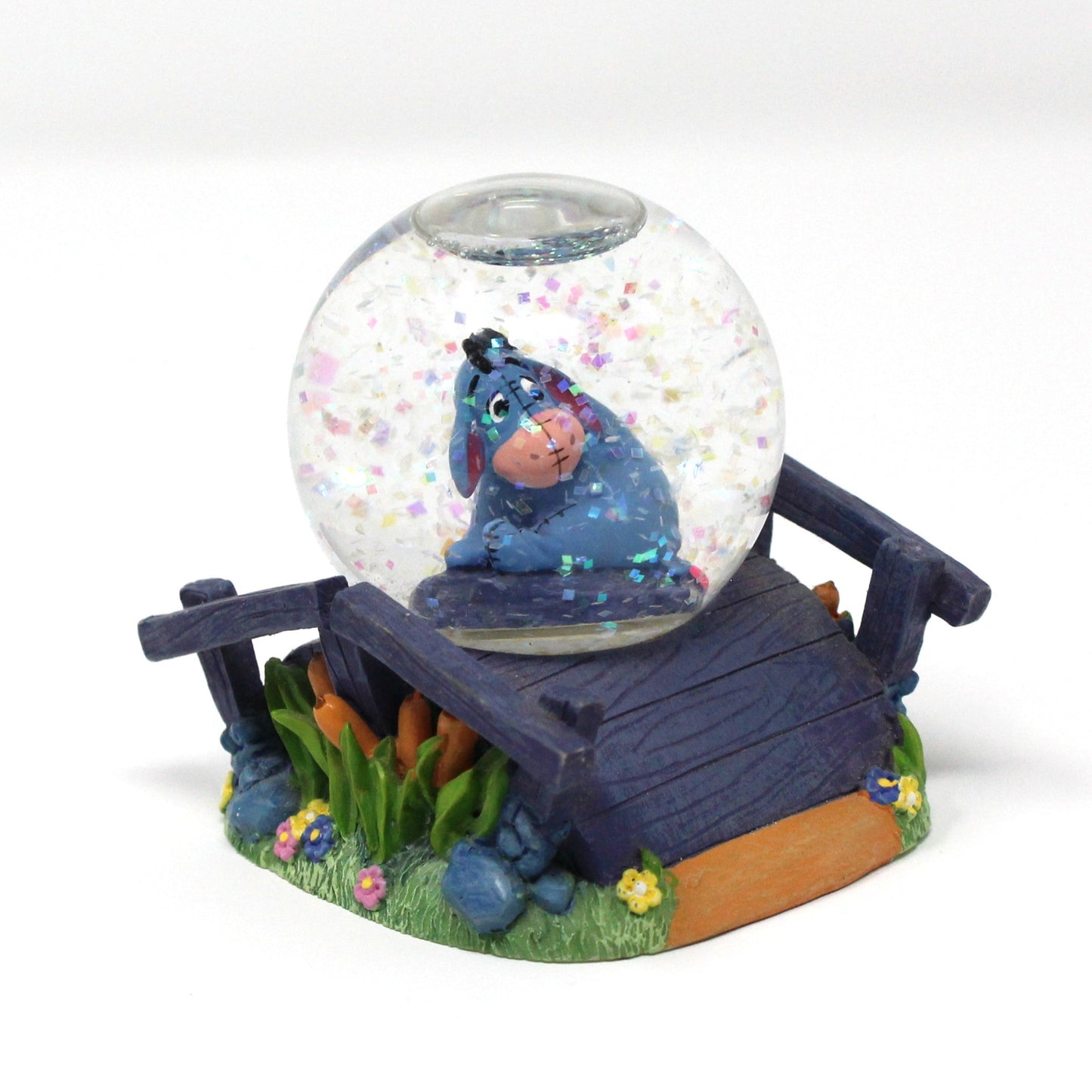 Snowglobe, Disney, Eeyore On Wooden Bridge With Flowers, Mini Snow Globe Collectible, 2000's, SOLD