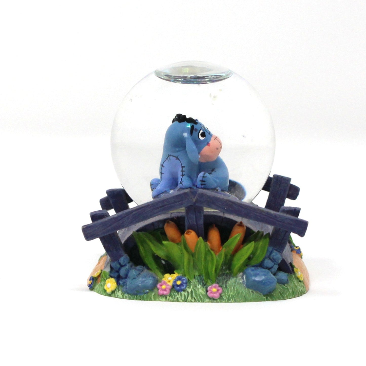 Snowglobe, Disney, Eeyore On Wooden Bridge With Flowers, Mini Snow Globe Collectible, 2000's, SOLD