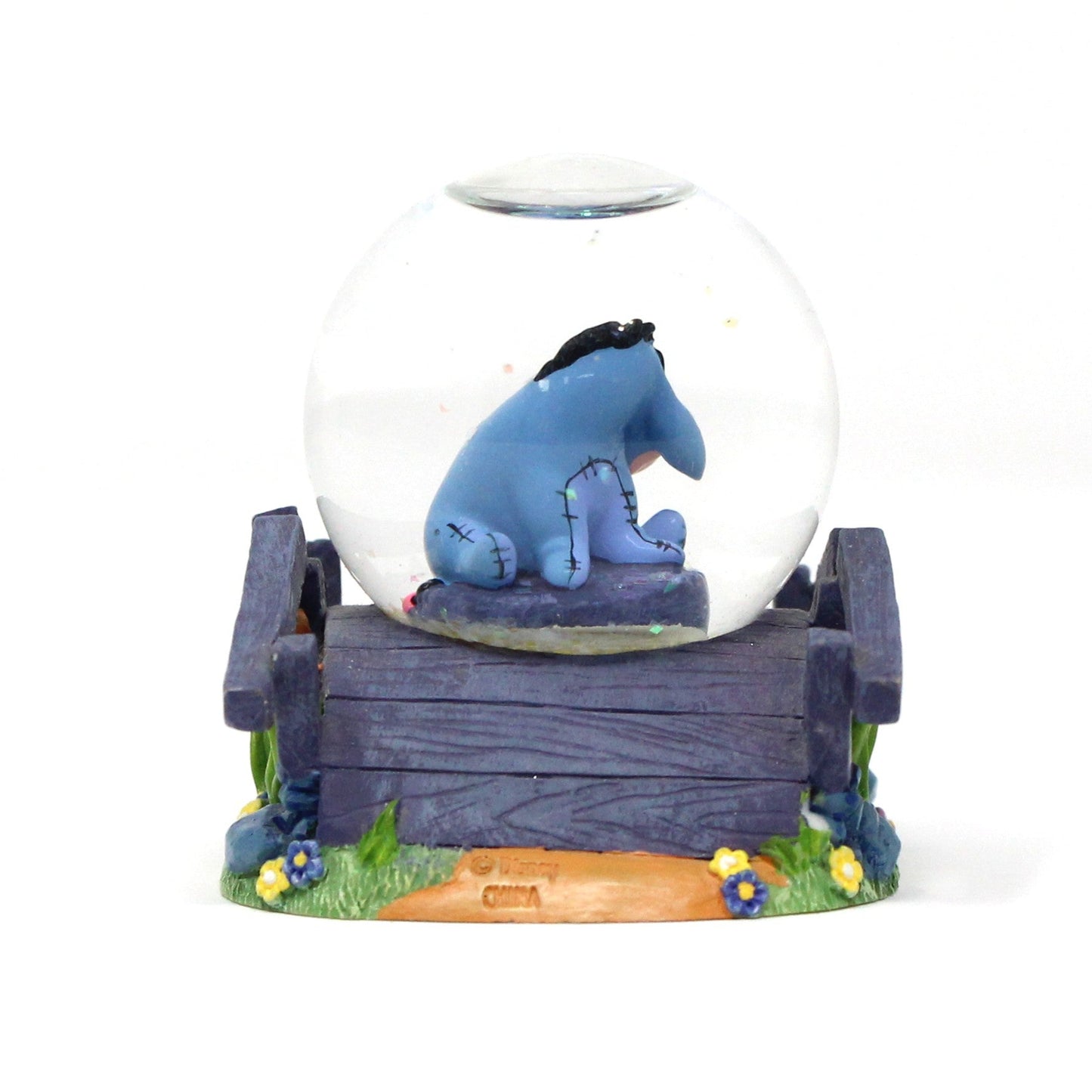 Snowglobe, Disney, Eeyore On Wooden Bridge With Flowers, Mini Snow Globe Collectible, 2000's, SOLD