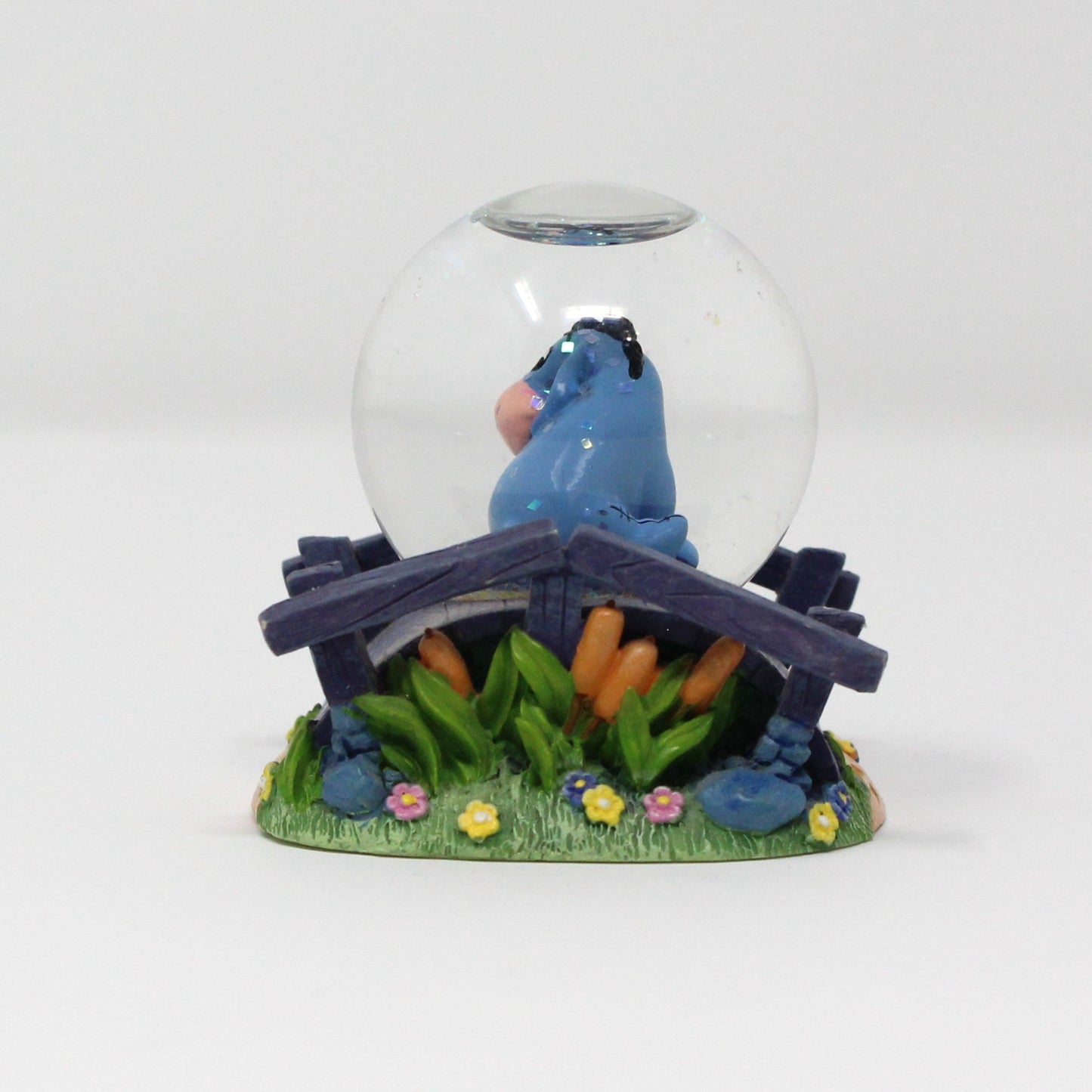 Snowglobe, Disney, Eeyore On Wooden Bridge With Flowers, Mini Snow Globe Collectible, 2000's, SOLD