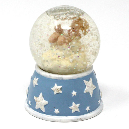 Snow Globe, Newborn Baby on Cloud, Blue & White Polka Dot Onesie, Glitter Stars Base, Mini, Vintage 1990s