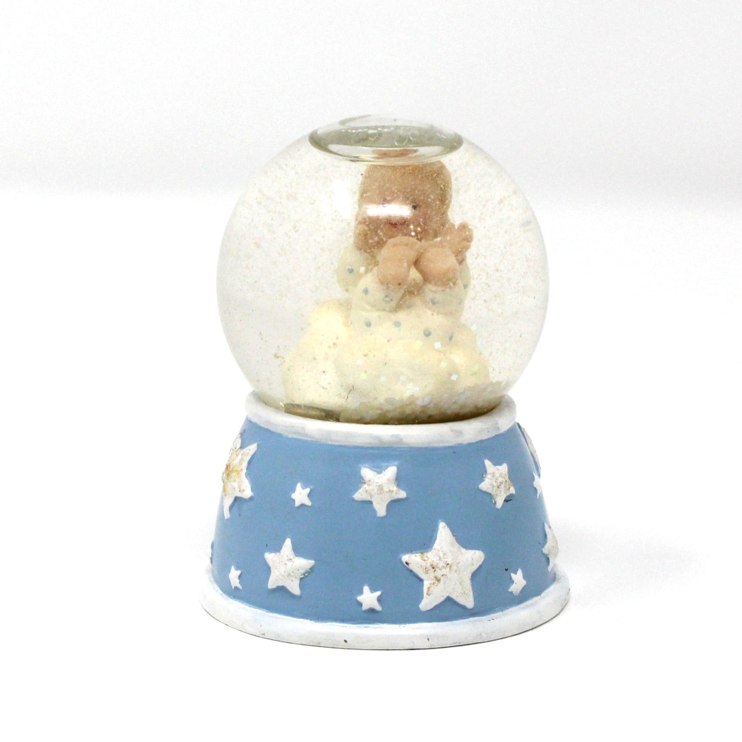 Snowglobe, Newborn Baby Mini Snow Globe with Blue & White Glitter Stars Base, Collectible, Vintage, 1990's