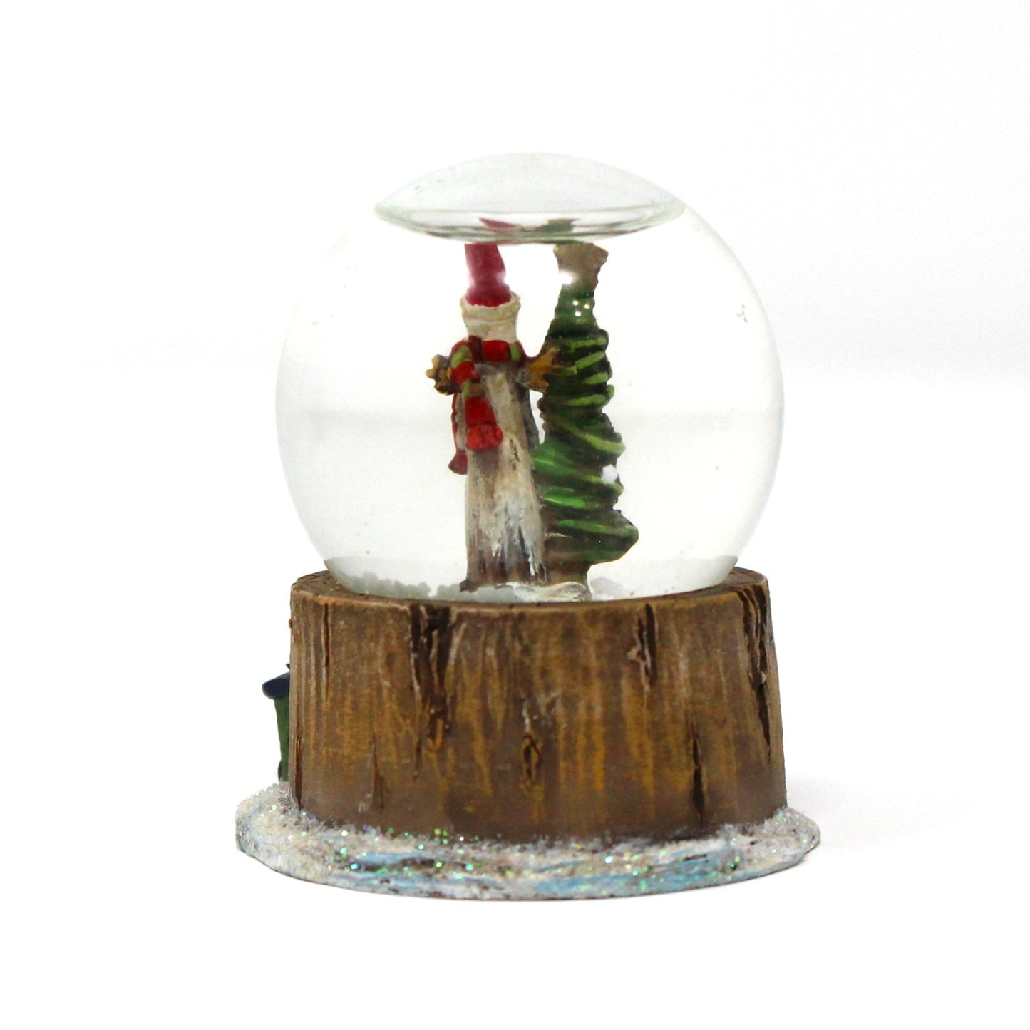 Snowglobe, Wooden Thin Santa Figure with Christmas Tree, Mini Snow Globe, Tree Stump Base w/Gifts, Collectible, Vintage, 1980's