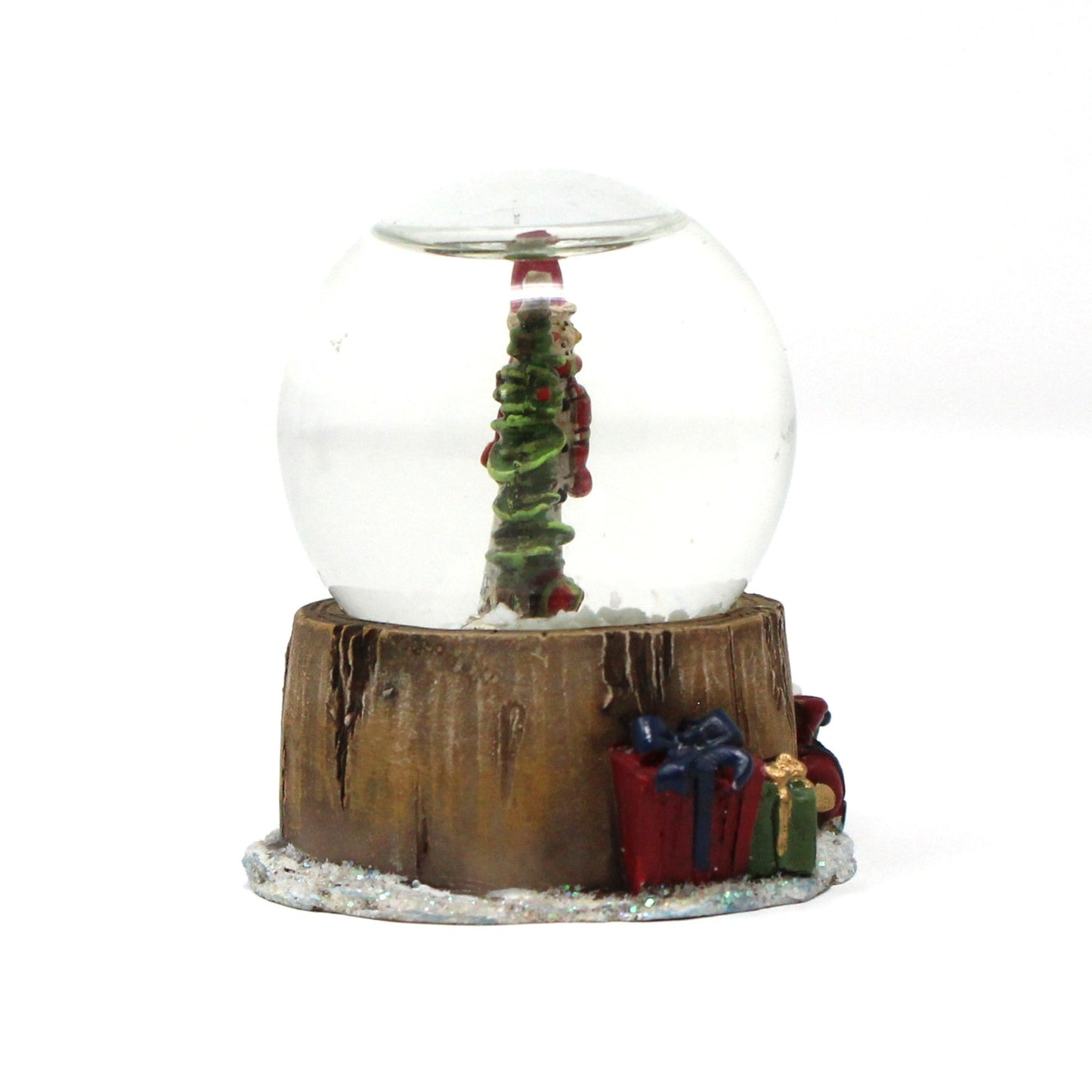 Snowglobe, Wooden Thin Santa Figure with Christmas Tree, Mini Snow Globe, Tree Stump Base w/Gifts, Collectible, Vintage, 1980's