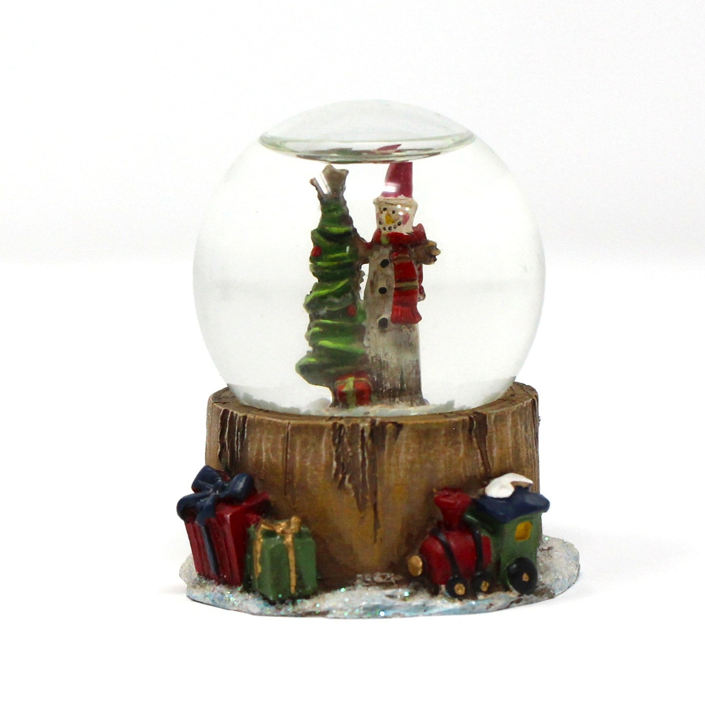Snowglobe, Wooden Thin Santa Figure with Christmas Tree, Mini Snow Globe, Tree Stump Base w/Gifts, Collectible, Vintage, 1980's
