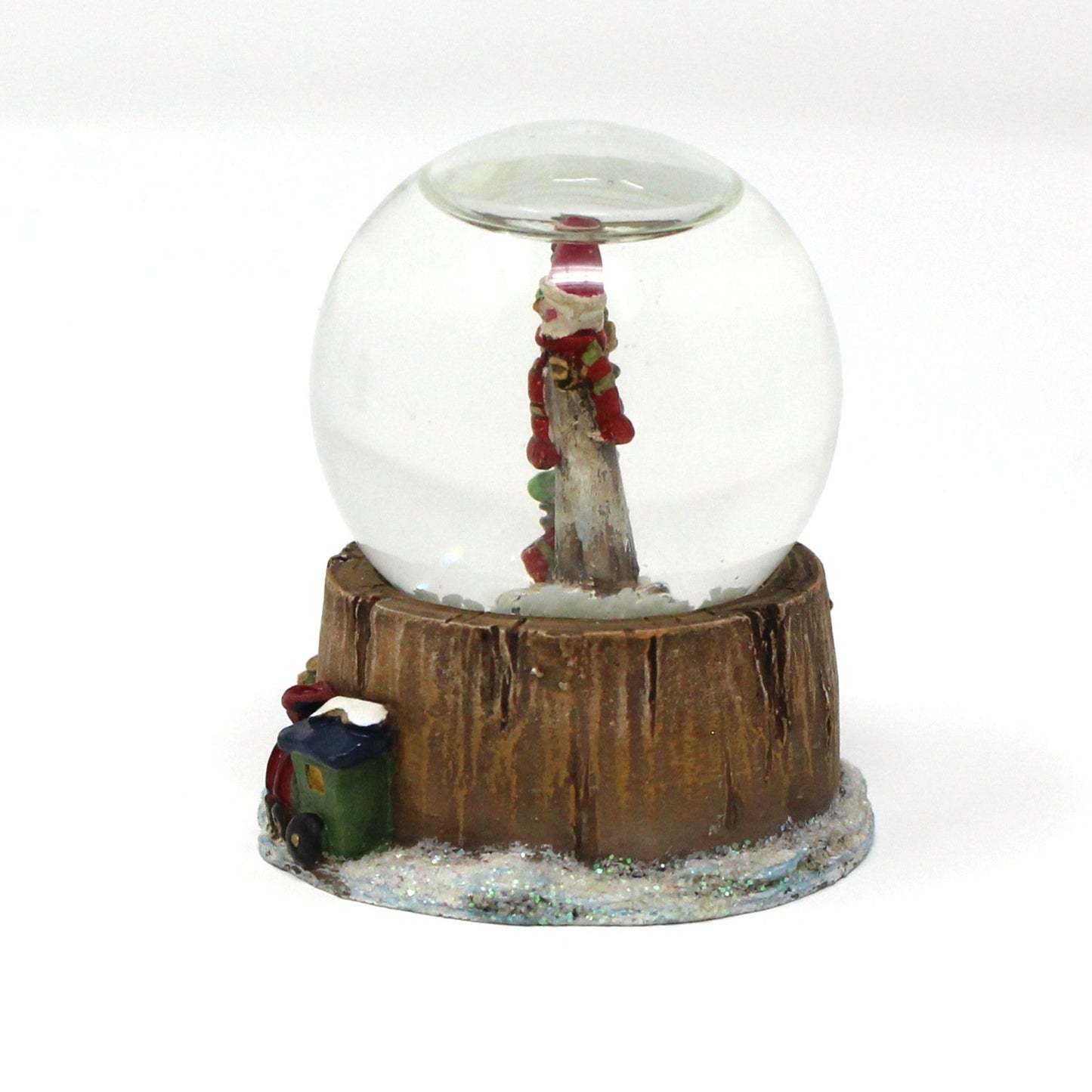 Snowglobe, Wooden Thin Santa Figure with Christmas Tree, Mini Snow Globe, Tree Stump Base w/Gifts, Collectible, Vintage, 1980's