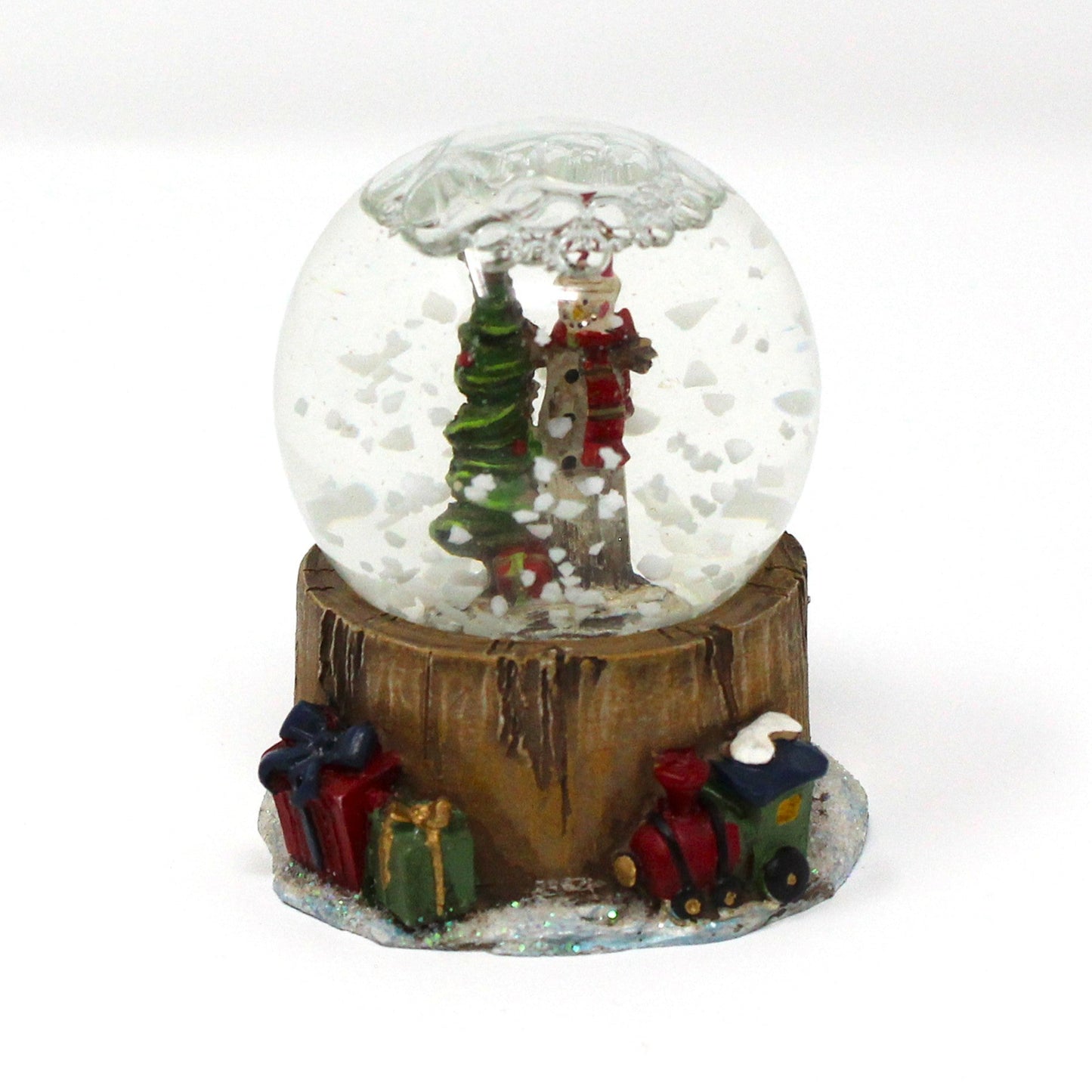Snowglobe, Wooden Thin Santa Figure with Christmas Tree, Mini Snow Globe, Tree Stump Base w/Gifts, Collectible, Vintage, 1980's
