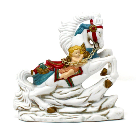 Figurine, Golden Supex, Carousel Horse With Cupid Angel, Porcelain, Vintage, 1980's