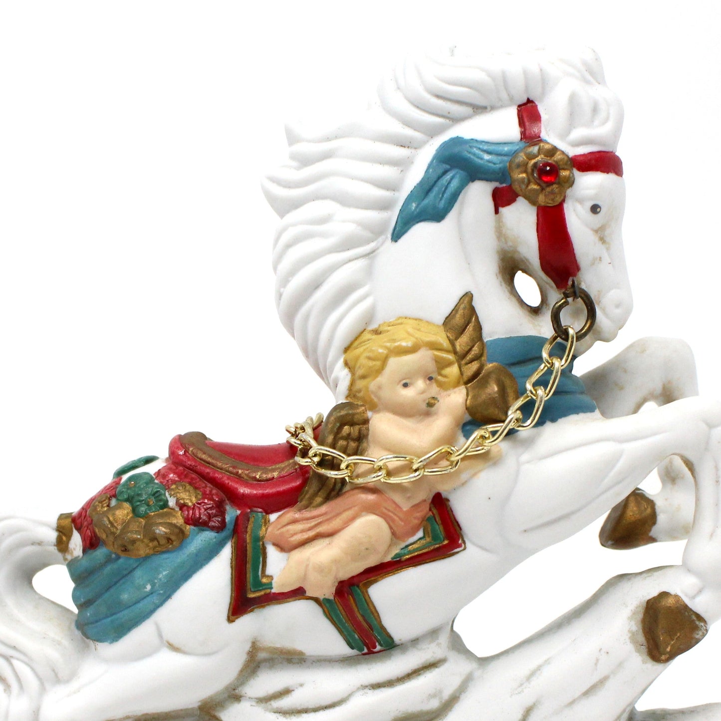 Figurine, Golden Supex, Carousel Horse With Cupid Angel, Porcelain, Vintage, 1980's