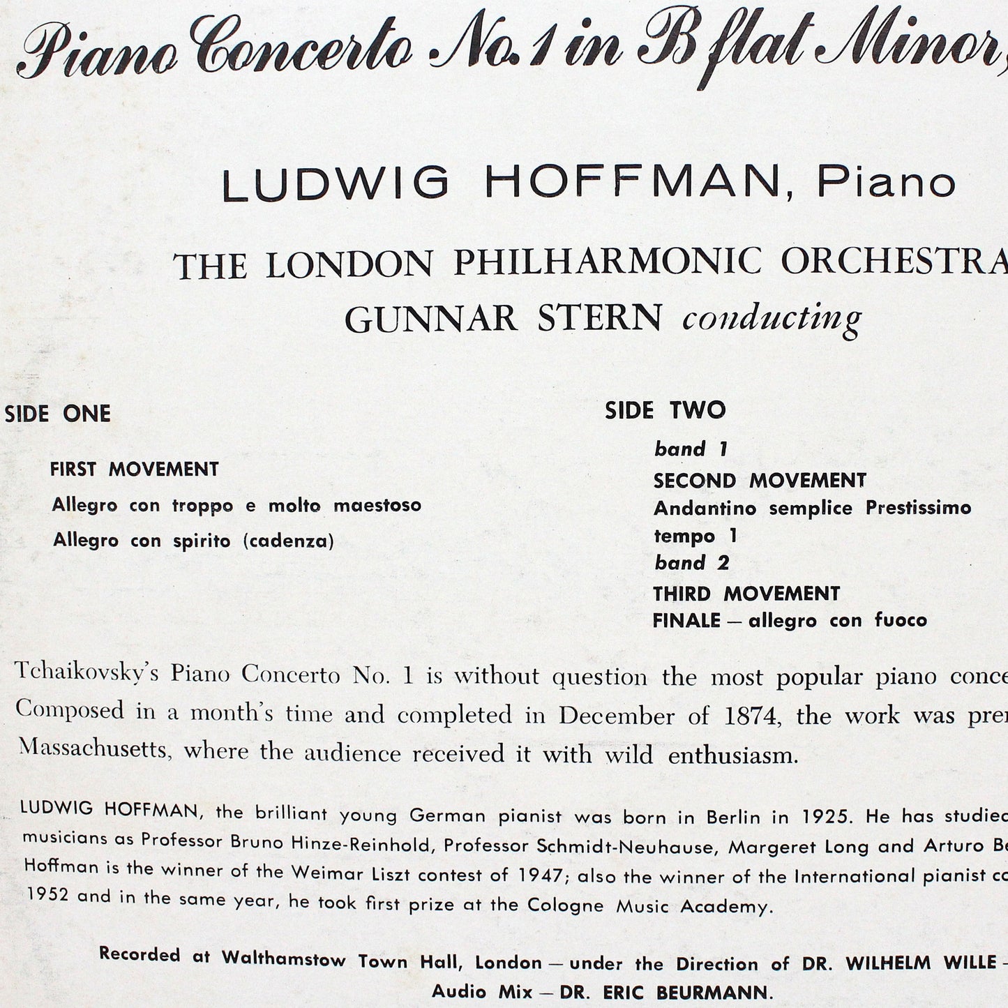 Record Album, Tchaikovsky Concerto for Piano in B Minor, London Philharmonic Orchestra, 1961, Vintage Vinyl, USED Excellent