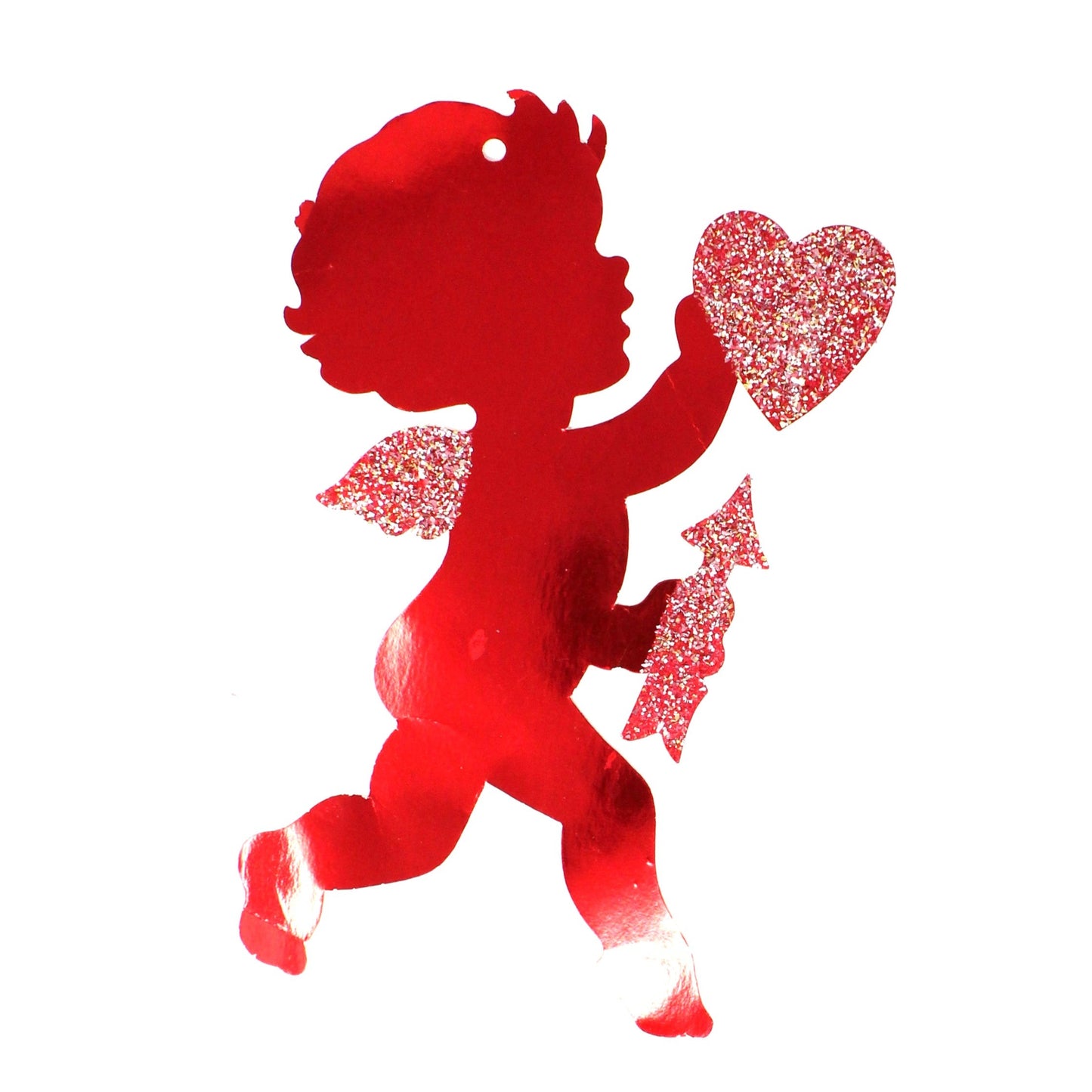 Die-Cut Decor, Valentine Cupid Silhouette, Holding Heart & Arrow, Red Metallic with Glitter, Vintage, 1970's
