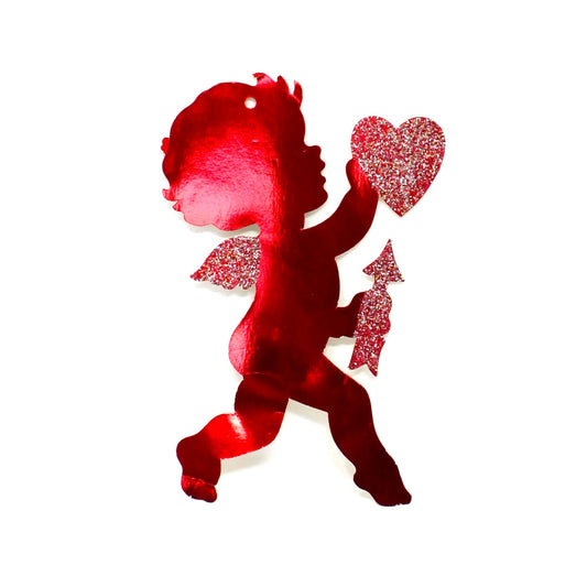 Die-Cut Decor, Valentine Cupid Silhouette, Holding Heart & Arrow, Red Metallic with Glitter, Vintage, 1970's