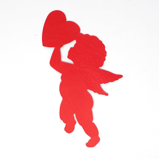 Die-Cut Decor, Valentine Cupid Silhouette, Embossed, Red with Glitter, Holding Heart, Vintage, 1970's