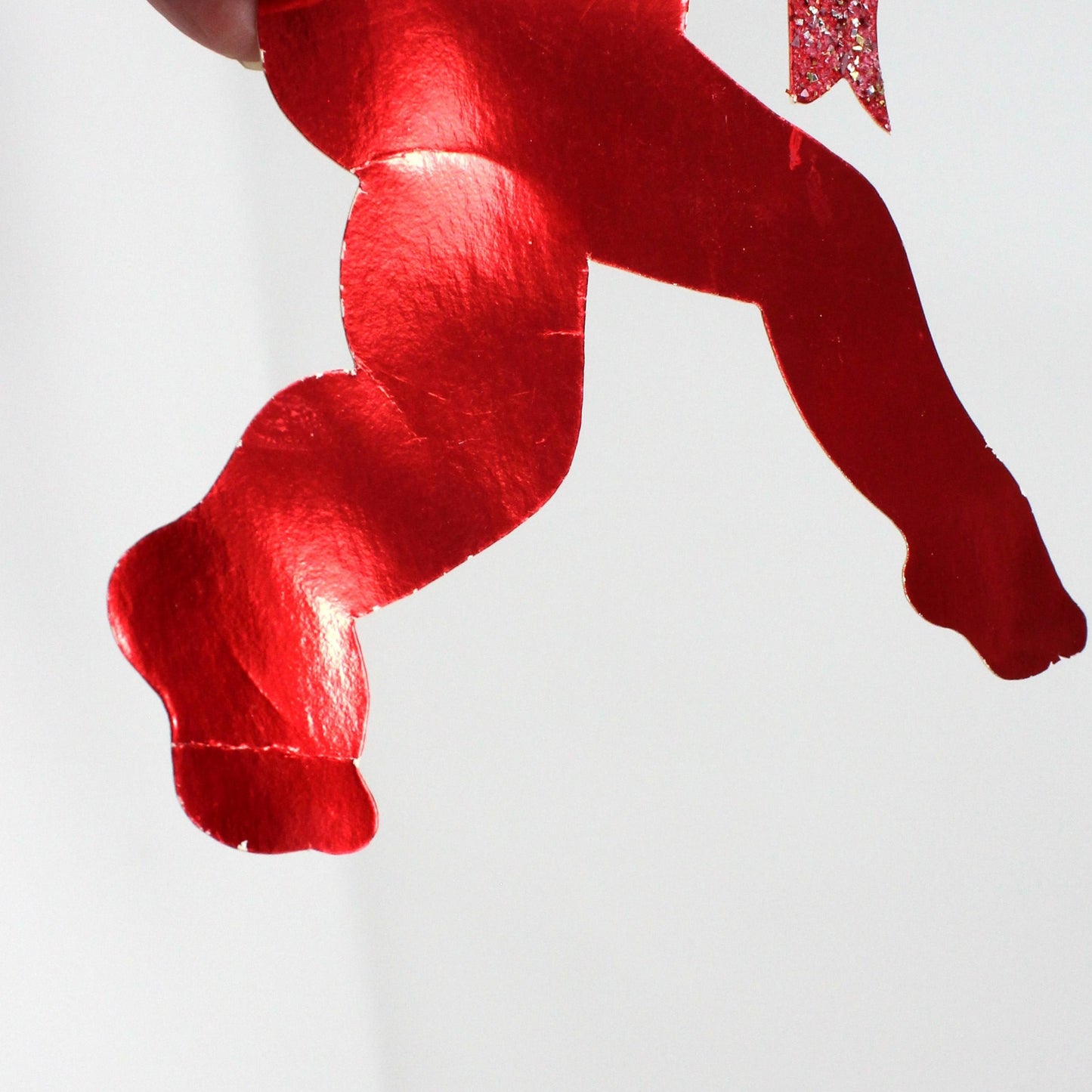 Die-Cut Decor, Valentine Cupid Silhouette, Holding Heart & Arrow, Red Metallic with Glitter, Vintage, 1970's