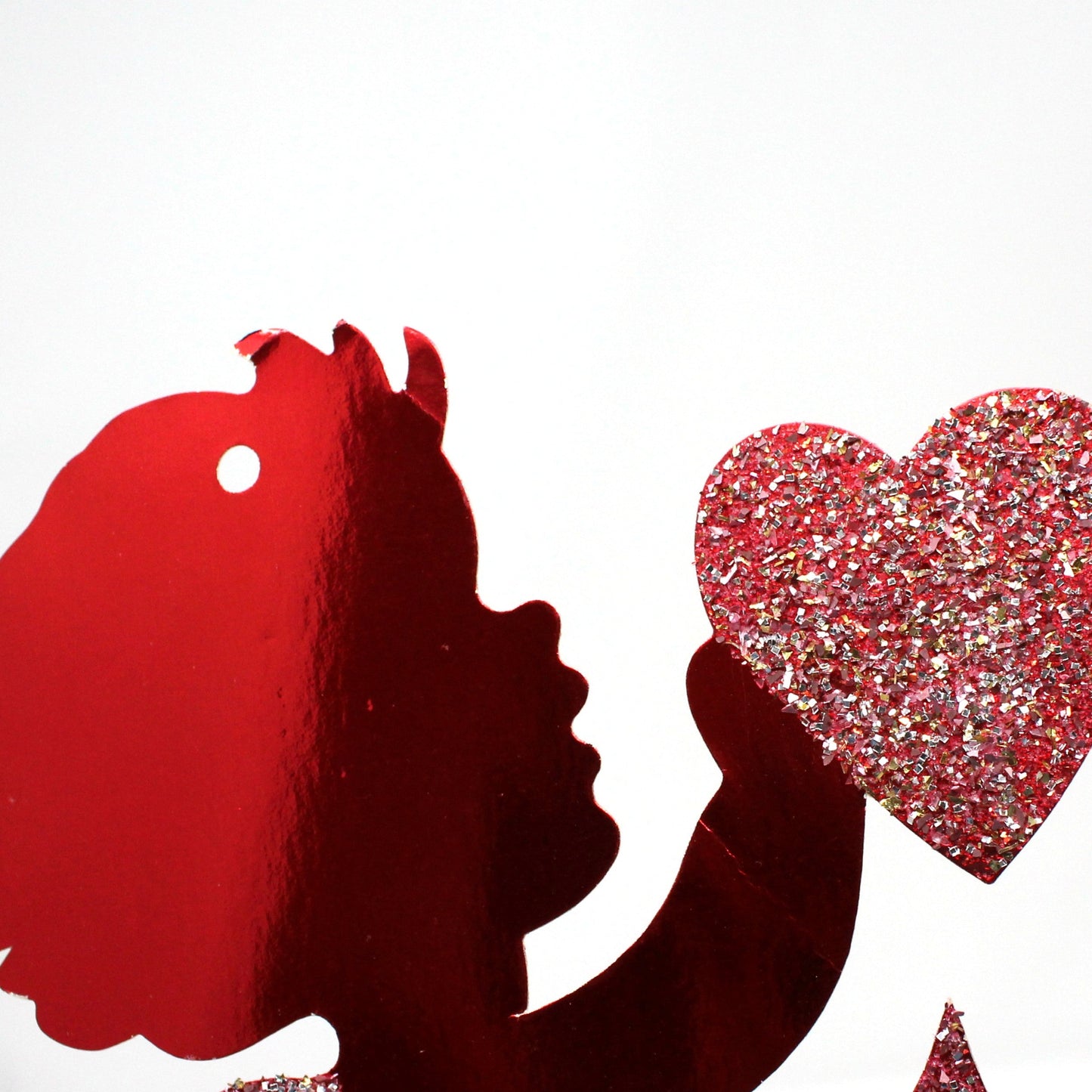 Die-Cut Decor, Valentine Cupid Silhouette, Holding Heart & Arrow, Red Metallic with Glitter, Vintage, 1970's