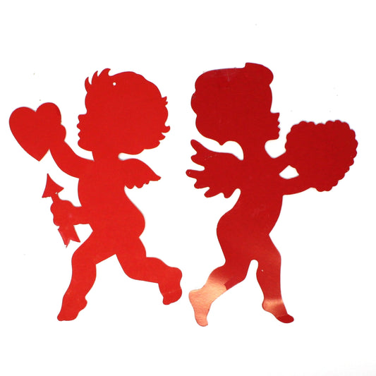 Die-Cut Decor, Valentine Cupid Silhouettes, Holding Heart & Arrow, Red with Glitter, Set of 2, Vintage, 1970's