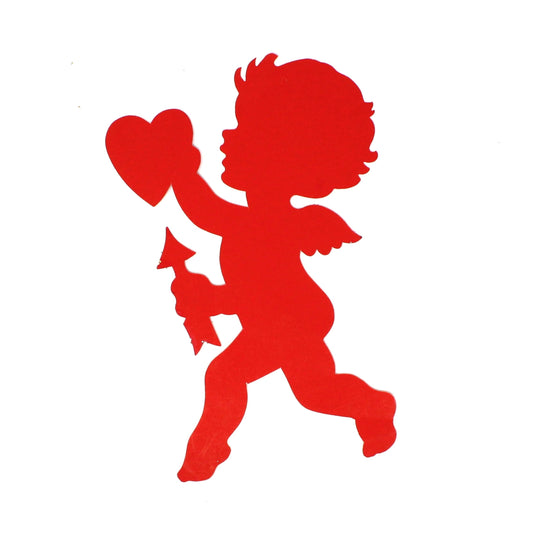 Die-Cut Decor, Valentine Cupid Silhouette, Holding Heart & Arrow, Red with Glitter, Vintage, 1970's