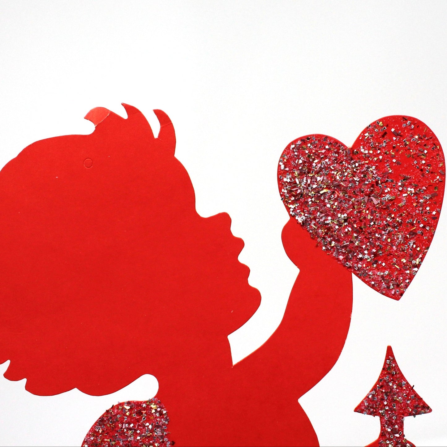 Die-Cut Decor, Valentine Cupid Silhouette, Holding Heart & Arrow, Red with Glitter, Vintage, 1970's