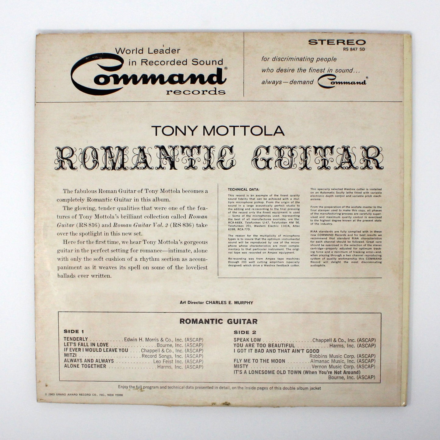 Record Album, Tony Mottola, Romantic Guitar, Gatefold Cover, 1963, Vintage Vinyl, USED, VG+, SOLD