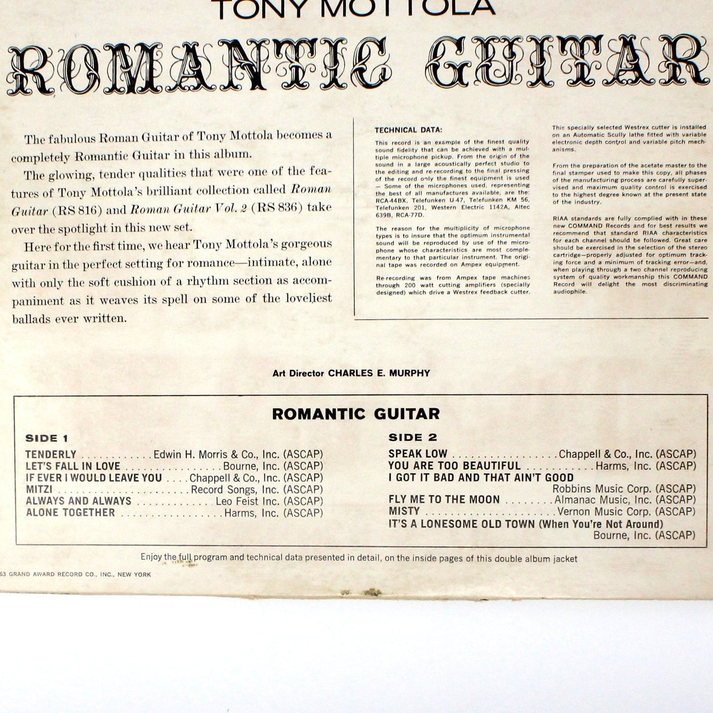 Record Album, Tony Mottola, Romantic Guitar, Gatefold Cover, 1963, Vintage Vinyl, USED, VG+, SOLD