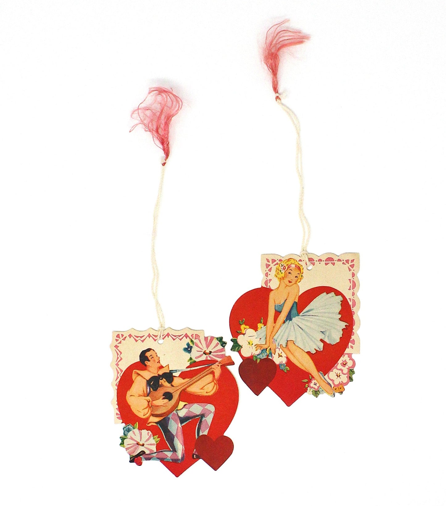 Tally Cards / Score Cards, Valentine Girl & Boy, String and Tassel, Set of 2, Vintage, 1930's