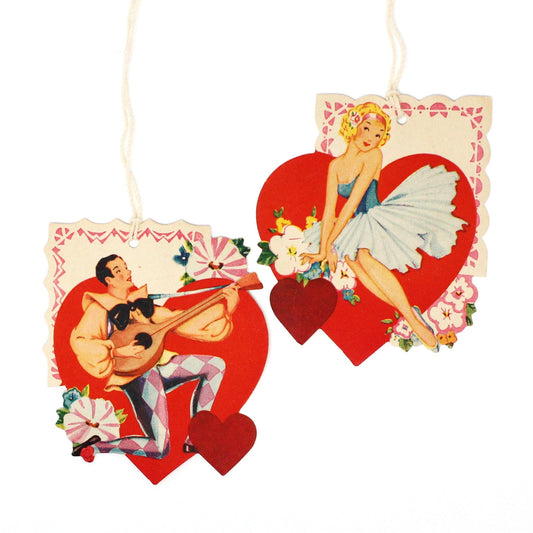 Tally Cards / Score Cards, Valentine Girl & Boy, String and Tassel, Set of 2, Vintage, 1930's