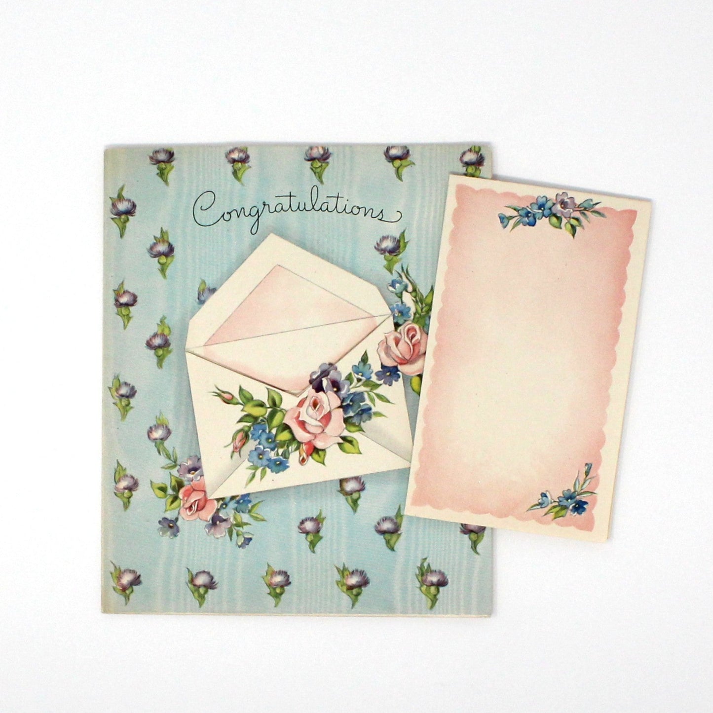 Greeting Card / Congratulations, Envelope with Roses, Removable Insert Card, Vintage, 1940's
