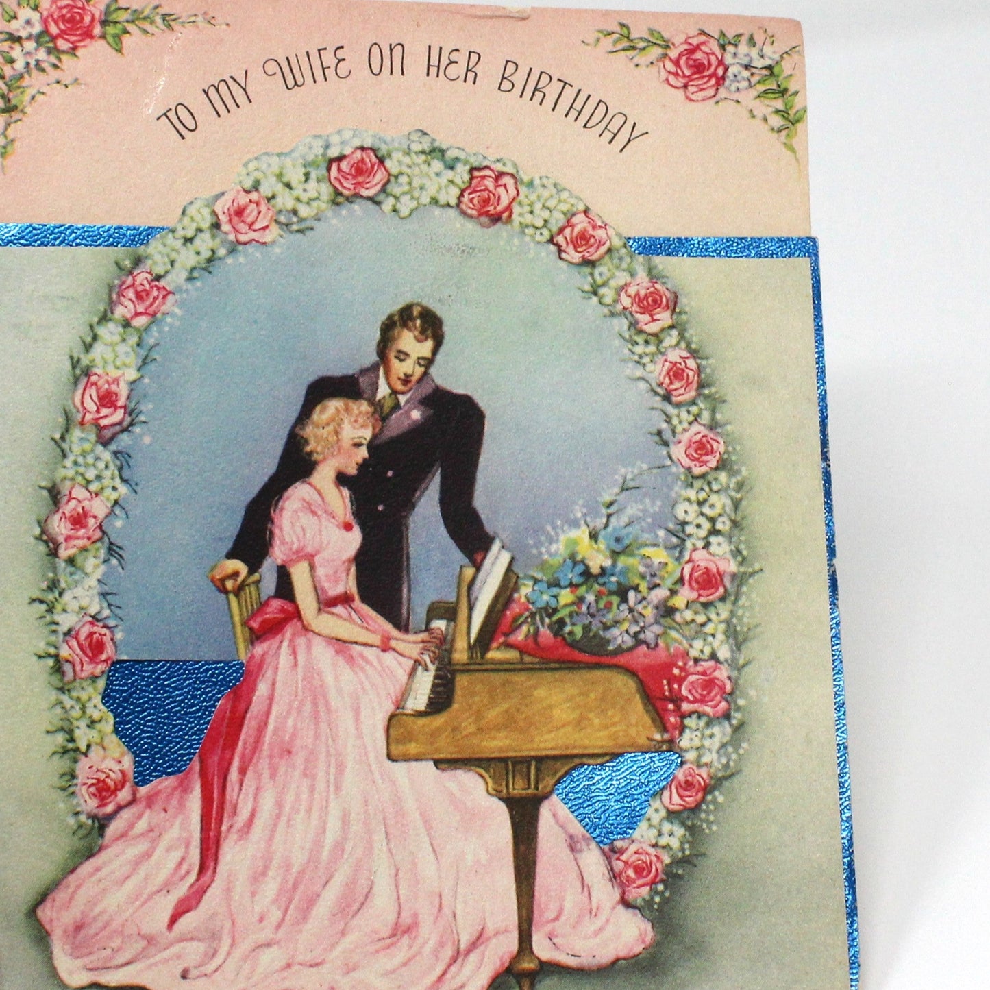 Greeting Card / Birthday, Vintage Couple at Piano, Die Cut and Foil, Unused, Vintage, 1940's