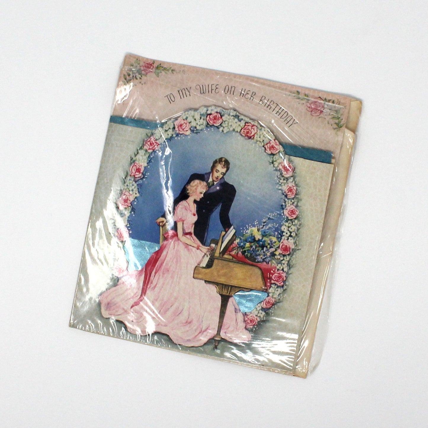 Greeting Card / Birthday, Vintage Couple at Piano, Die Cut and Foil, Unused, Vintage, 1940's