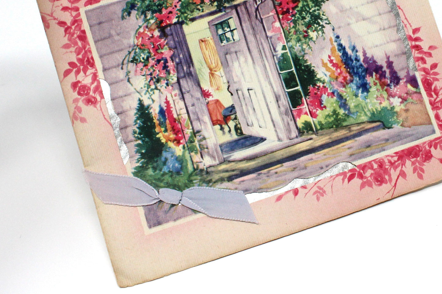 Greeting Card / Belated Birthday, Front Door Garden, Foil & Fabric Ribbon, Unused, Vintage, 1940's