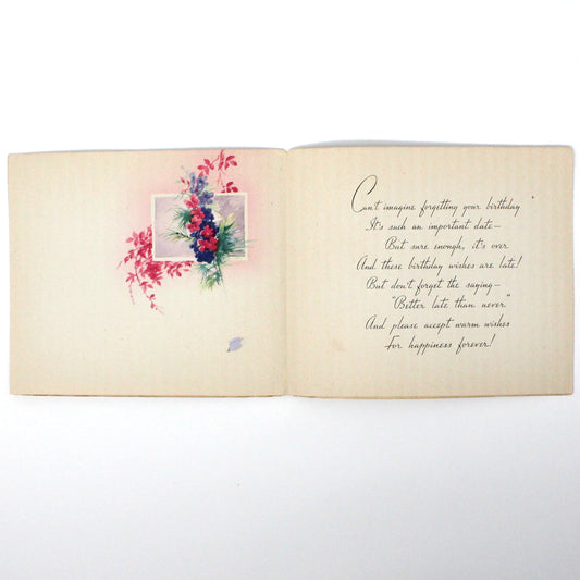 Greeting Card / Belated Birthday, Front Door Garden, Foil & Fabric Ribbon, Unused, Vintage, 1940's