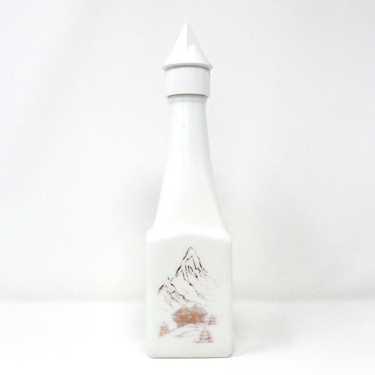 Liquor Bottle, White Milk Glass, Gold Mountains & Cabin Lodge, Seagram’s Empty, Vintage Collectible