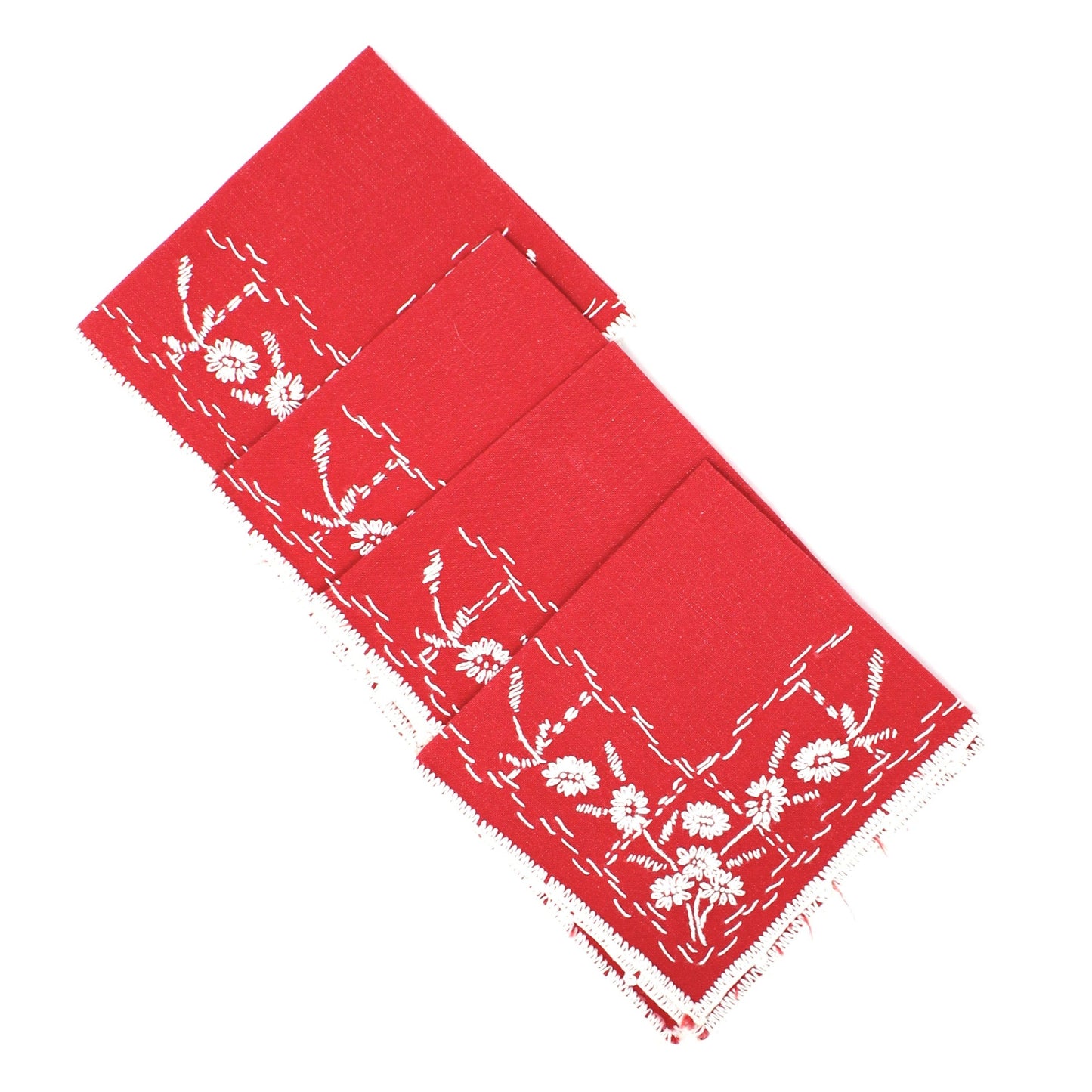 Tablecloth & Napkins Set, Square Card / Tea Table, Embroidered, Red & White, Vintage 32"