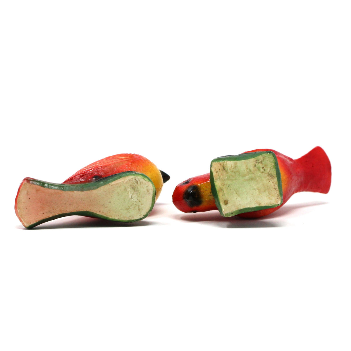 Chalkware, Carnival Bird Figurines, Hand Painted Plaster, Green Base, Set of 2, USA, Vintage 1920s-1940s