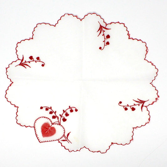 Handkerchief, Embroidered & Applique Hearts, Red Design on Sheer Organza, Vintage 1950s–1960s