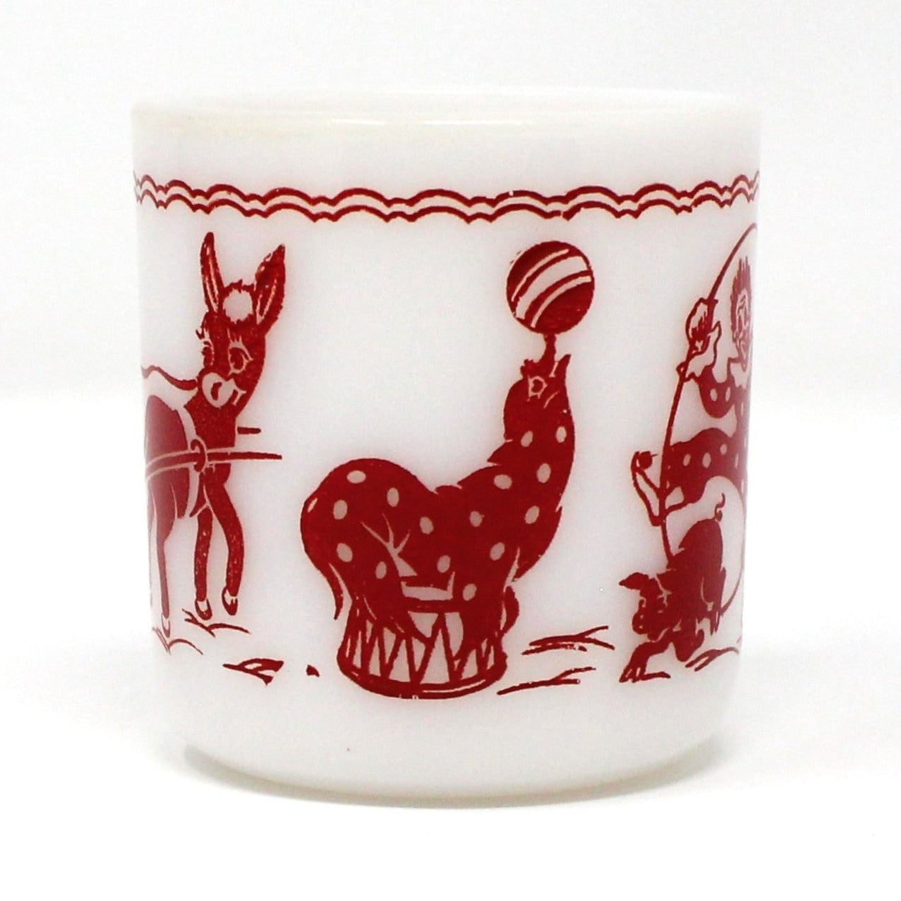 Mug / Child Cup, Hazel Atlas, Milk Glass, Circus Clown Red Enamel, Vintage, 1950's