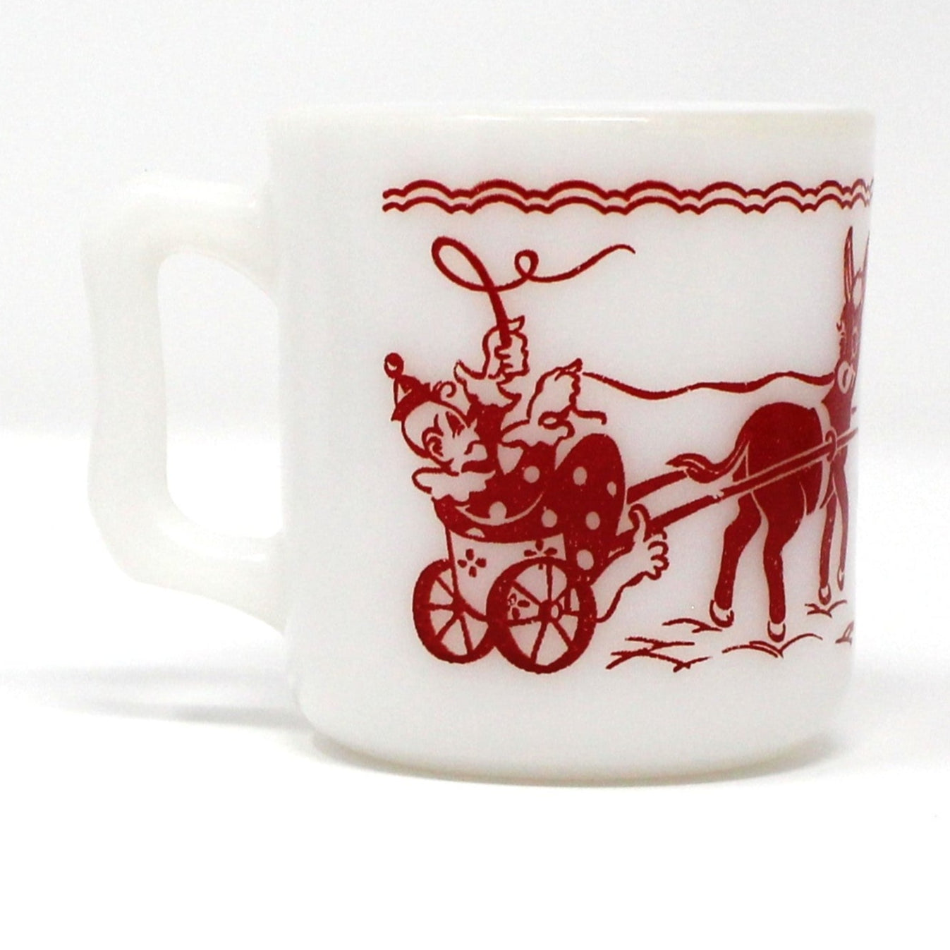 Mug / Child Cup, Hazel Atlas, Milk Glass, Circus Clown Red Enamel, Vintage, 1950's