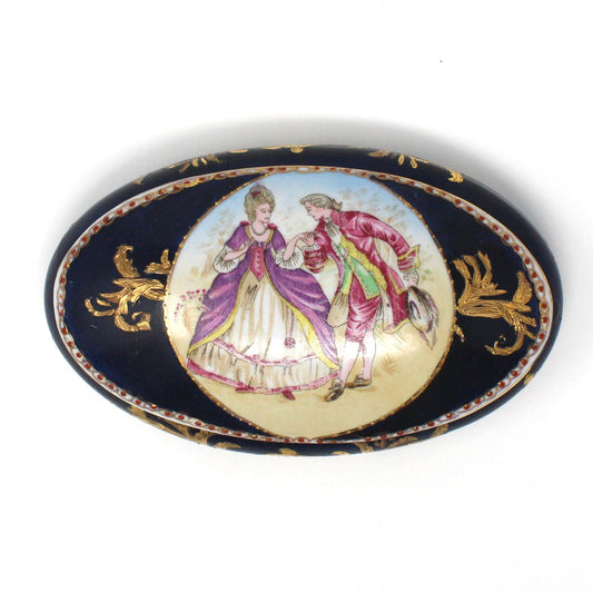 Trinket Box, Victorian Couple, Gold Encrusted, Hand Painted, Oval Porcelain, Vintage, 1970's