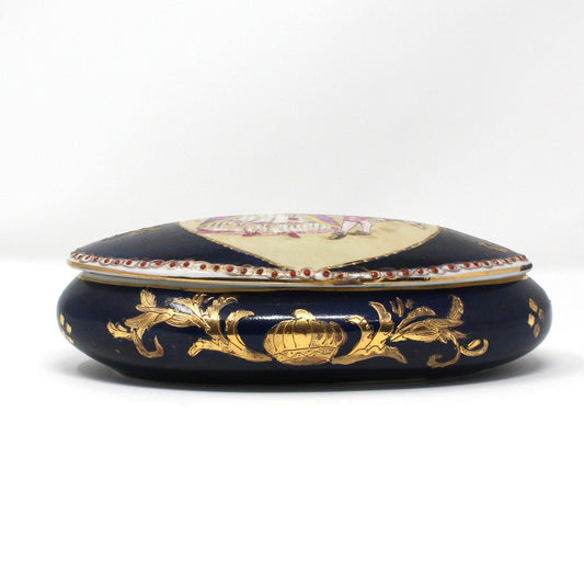 Trinket Box, Victorian Couple, Gold Encrusted, Hand Painted, Oval Porcelain, Vintage, 1970's