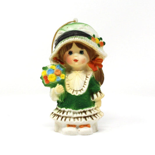 Ornaments, Girl in Green Dress with Bonnet & Flowers, Holly Hobbie Style, Hard Plastic, Vintage, 1970's