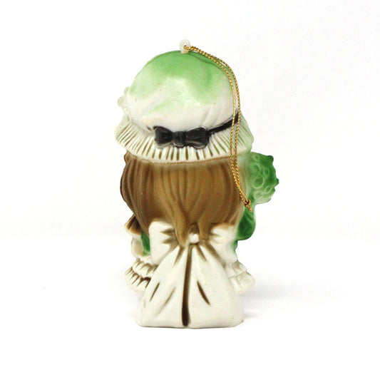 Ornaments, Girl in Green Dress with Bonnet & Flowers, Holly Hobbie Style, Hard Plastic, Vintage, 1970's