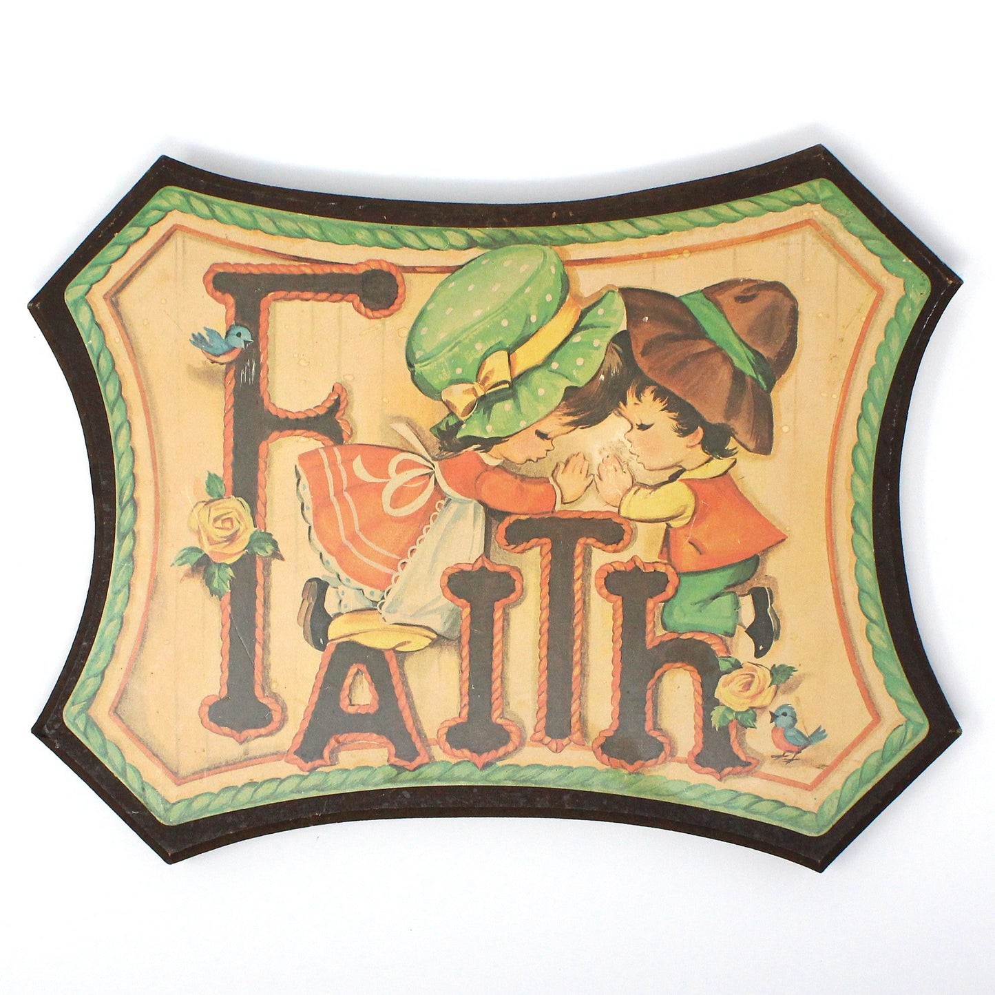 Wall Decor, Wooden Plaque / Sign, Faith, Children Praying, Mounted Image on Wood, Vintage, 1970's