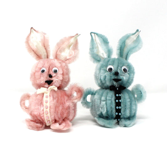 Figurine, Chenille / Pipe Cleaner Bunny Rabbits, Blue & Pink with Googly Eyes, Mid Century Easter Decorations, Large, Set of 2, Vintage, 1960's