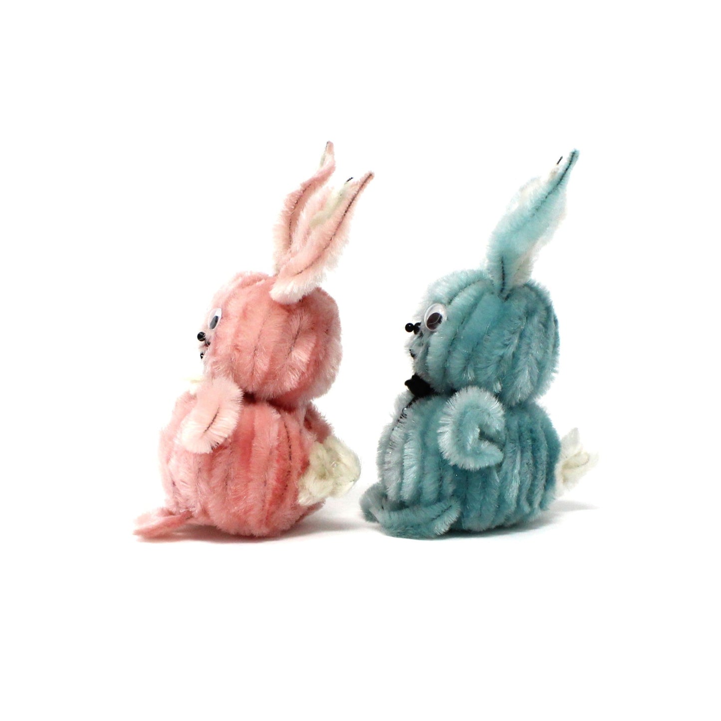 Figurines, Chenille / Pipe Cleaner Bunny Rabbits, Blue & Pink with Googly Eyes, Mid Century Easter Decorations, Large, Set of 2, Vintage, 1960's