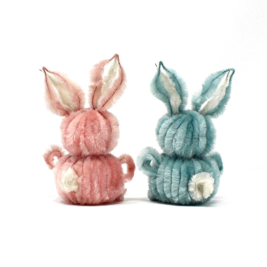 Figurine, Chenille / Pipe Cleaner Bunny Rabbits, Blue & Pink with Googly Eyes, Mid Century Easter Decorations, Large, Set of 2, Vintage, 1960's