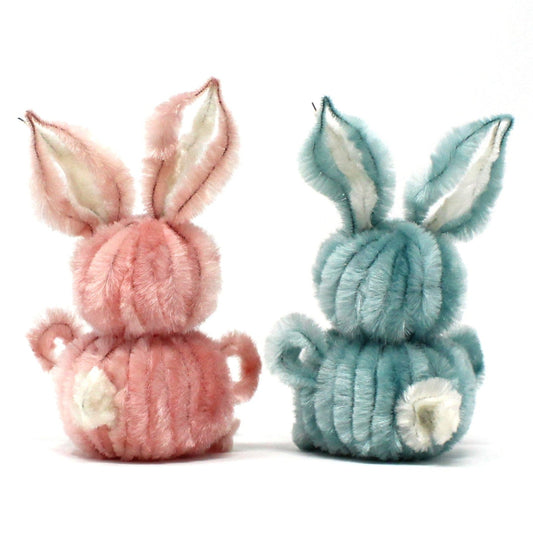 Figurine, Chenille Pipe Cleaner Bunny Rabbits, Blue & Pink, Googly Eyes, Bow Ties, Handmade, USA, Vintage 1960s–1970s, Set of 2