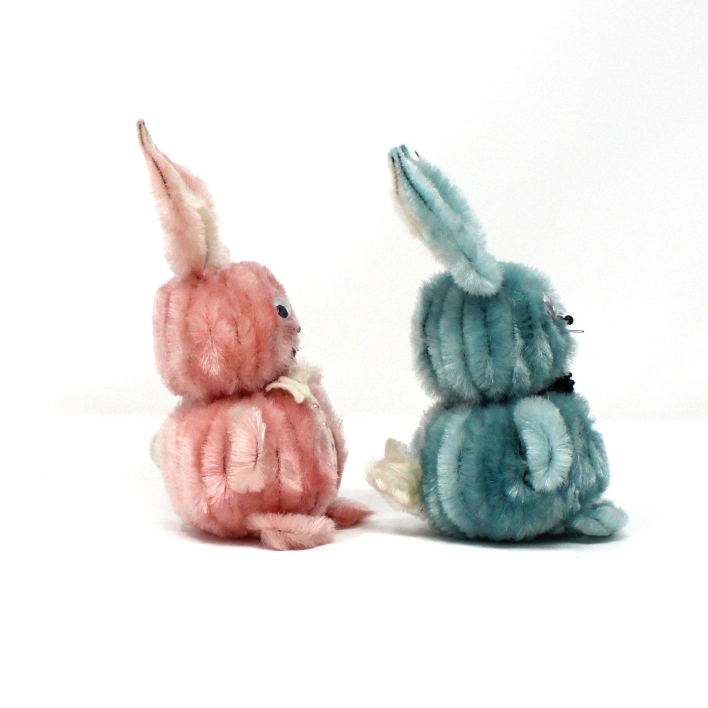 Figurines, Chenille / Pipe Cleaner Bunny Rabbits, Blue & Pink with Googly Eyes, Mid Century Easter Decorations, Large, Set of 2, Vintage, 1960's