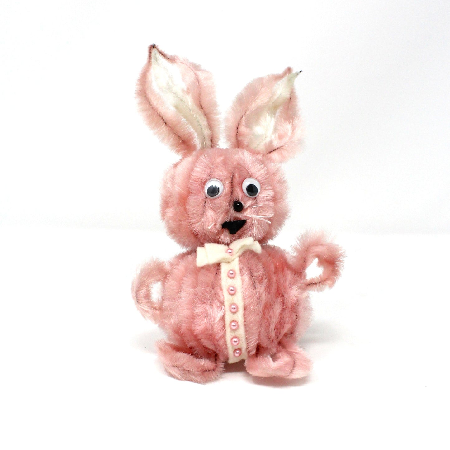 Figurines, Chenille / Pipe Cleaner Bunny Rabbits, Blue & Pink with Googly Eyes, Mid Century Easter Decorations, Large, Set of 2, Vintage, 1960's